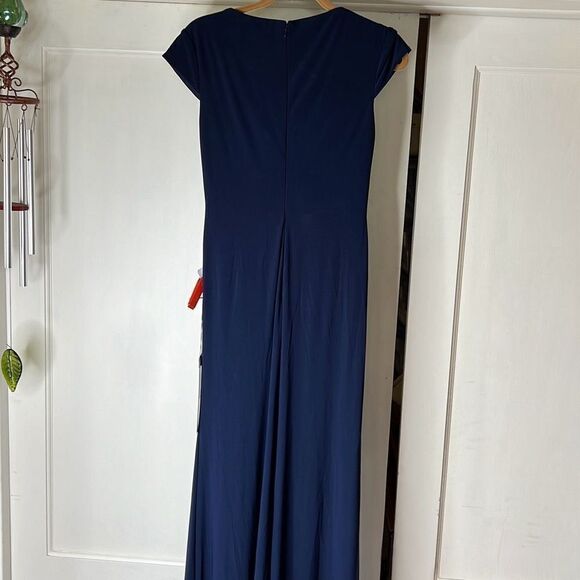Mac Duggal V-NECK RUCHED JERSEY GOWN Blue Maxi Evening Dress Size 0 NWT - Picture 7 of 8